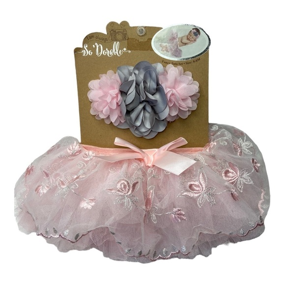 So ‘Dorable Pink￼ Grey Floral Fancy Tulle Tutu 2 PC Set Baby Girl Size 0-6M NWT - Picture 1 of 9